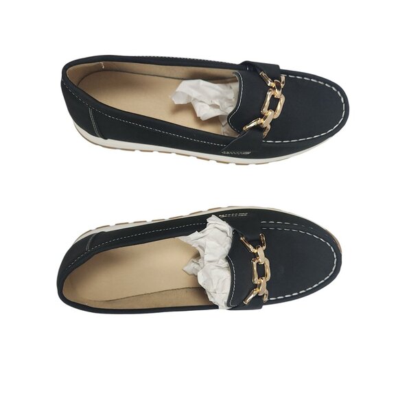 Black Loafers W/ Gold Buckle Accent Women Size 8 (EU41) Stylish Casual Comfort - Picture 10 of 11